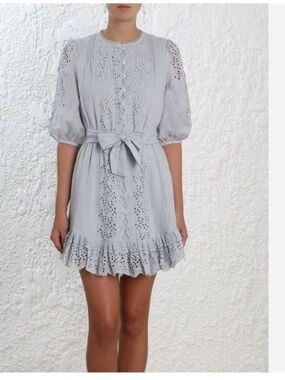 Zimmermann Iris Broderie Anglaise Linen Mini Dress Light Blue Size 0  XS Belted